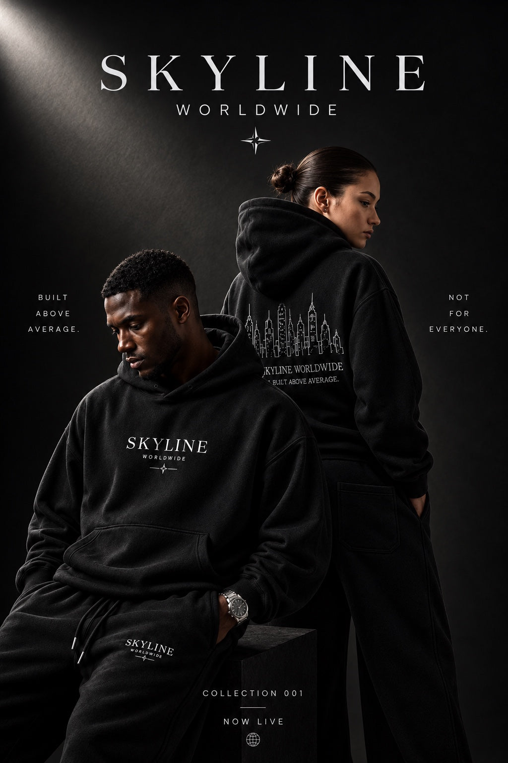 Skyline Worldwide Collection 001 campaign featuring models in black sweatsuits